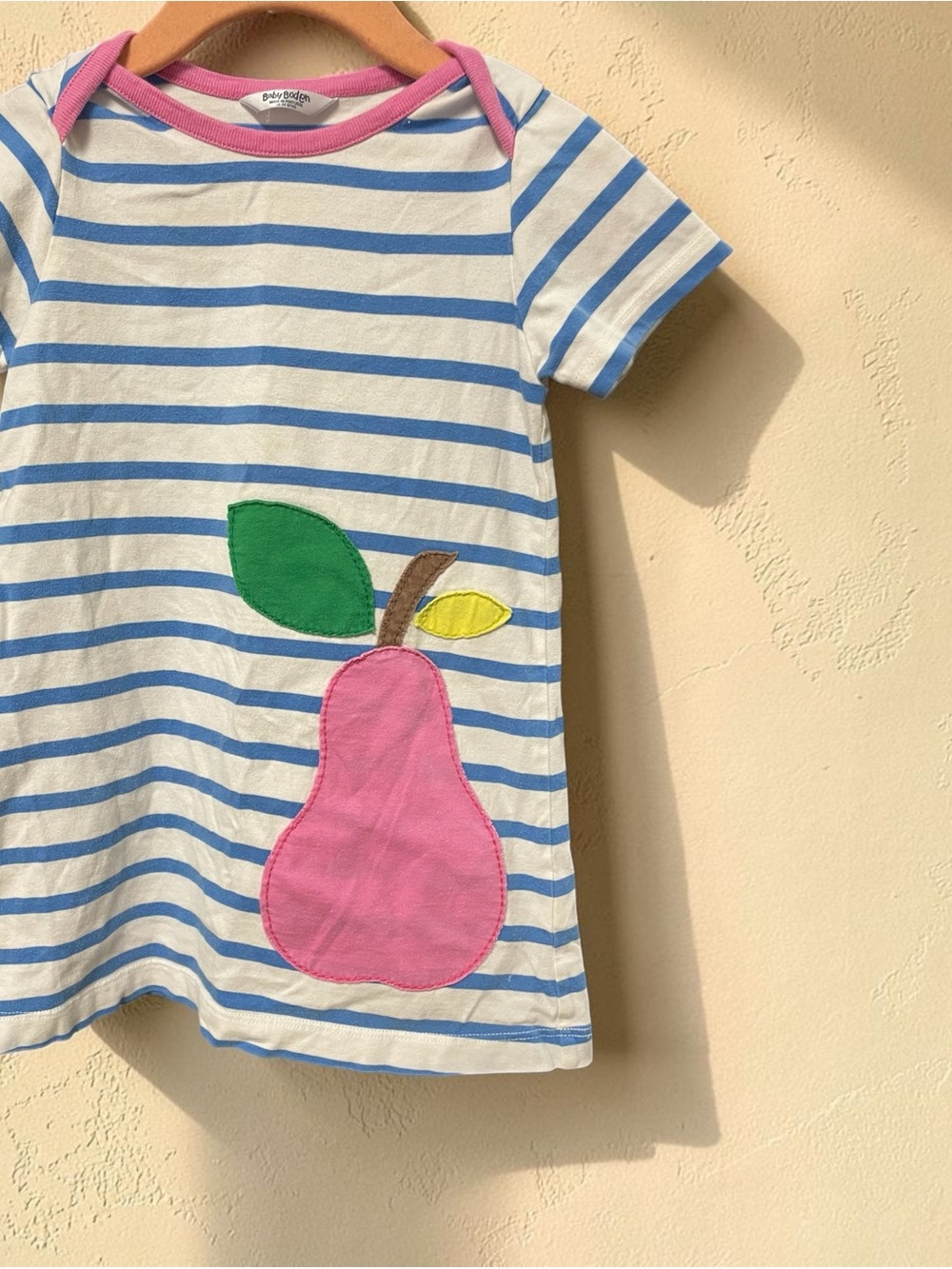 Baby Boden White and Blue Striped Tee with Pink Pear Applique